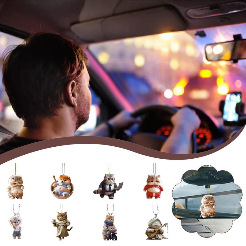 Fat Cat Dog Car Rearview Mirror Decoration Pendant, Funny 2D Flat Acrylic Animal Car Ornament, Cute Big Belly Pet Auto Pendan, Keyring Backpack Decoration for Men Women (B) - Image 5